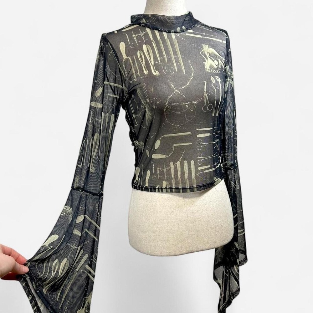 Midnight Hour Goth Surgical Graphic Mesh Long Bell Sleeve Crop Top Womens L